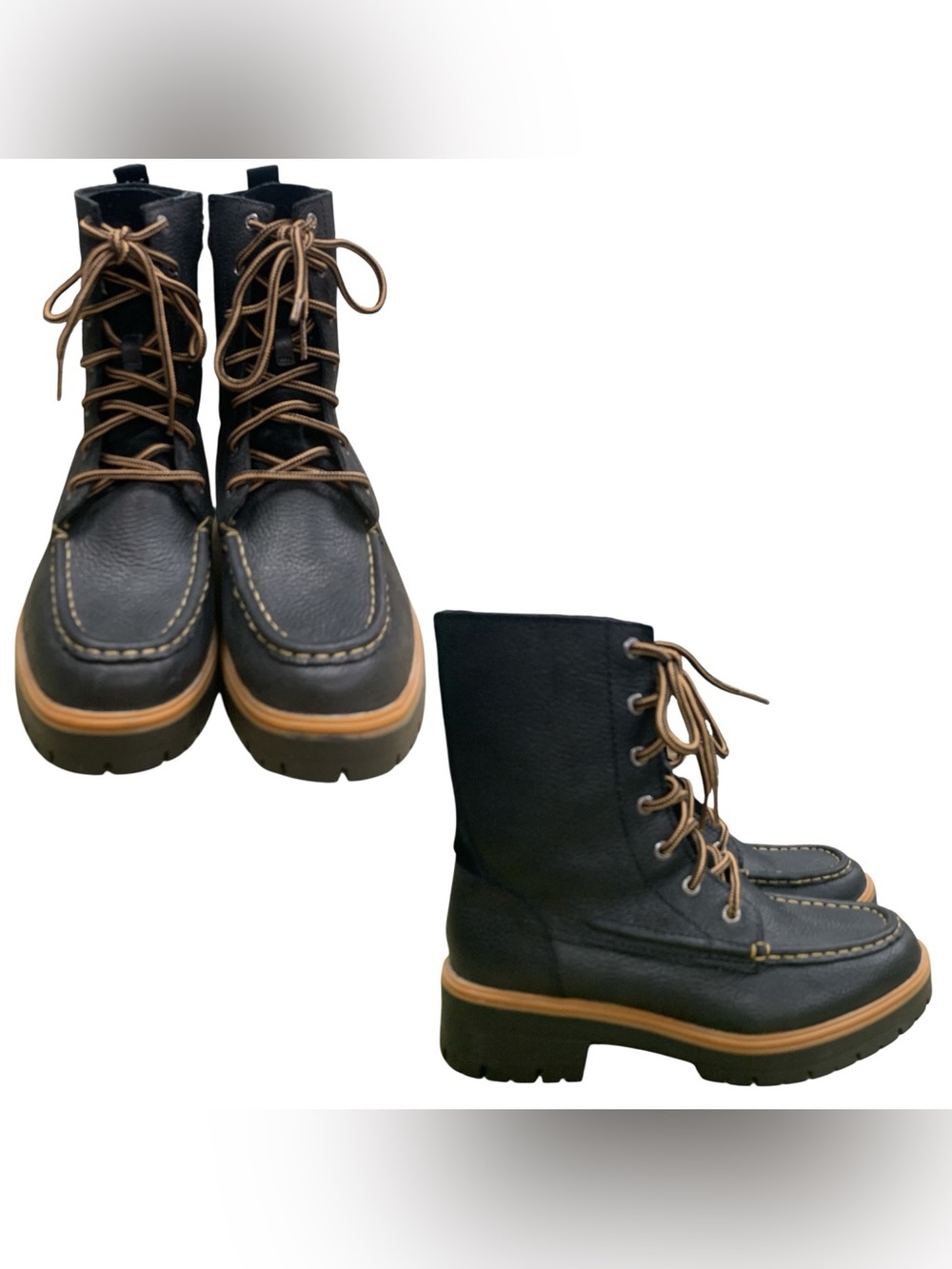 Kodiak Black Leather Lace-Up Moc Toe Boots with Tan Trim S7